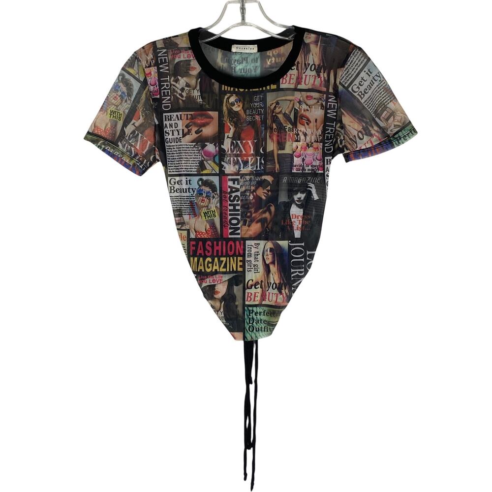 Sheer Mesh Fashion Magazine Print Ruched Drawstring Top Womens S Y2K Clubwear